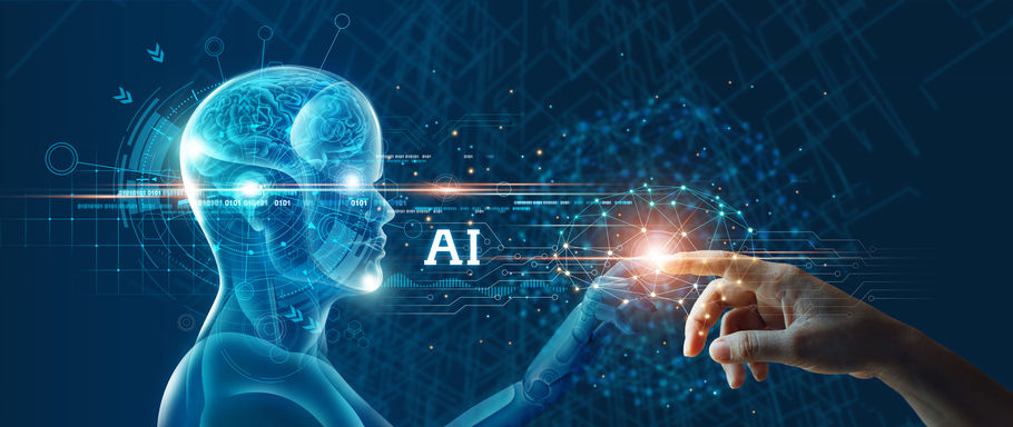 futuristic image of a robot-like human touching a human finger with the letters AI in between