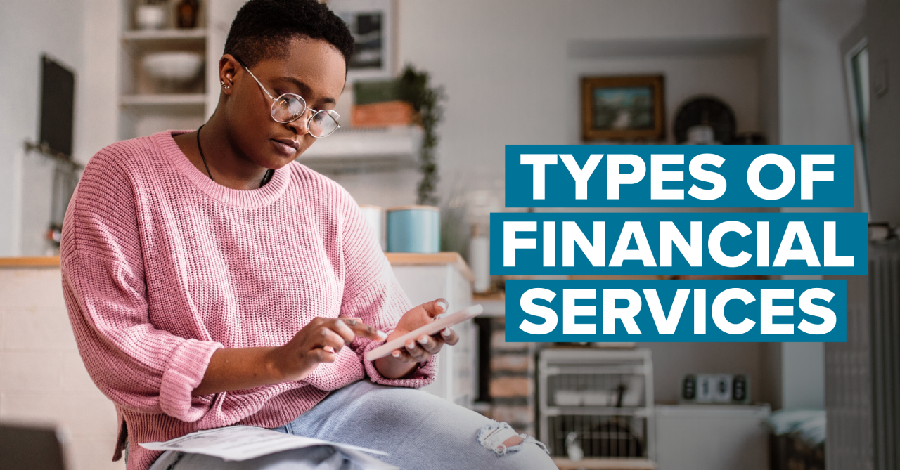 Types of financial services over image of person using a calculator