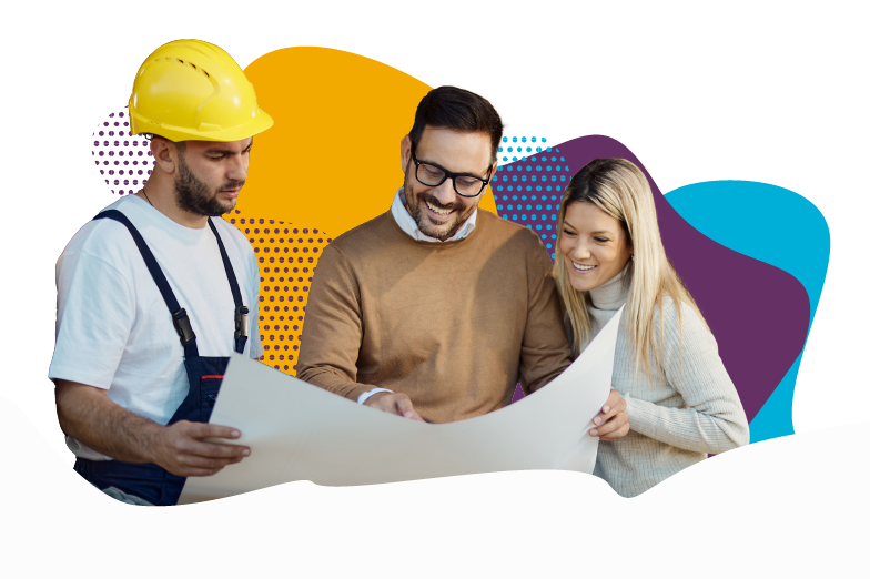 Three people holding and looking at blueprints. Colorful background.