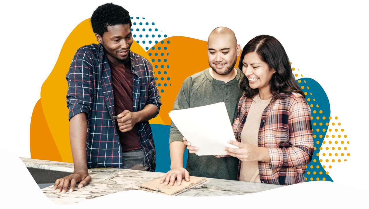 Three people looking at paper plans. Colorful background.