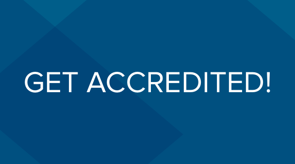 get accredited white text on blue background