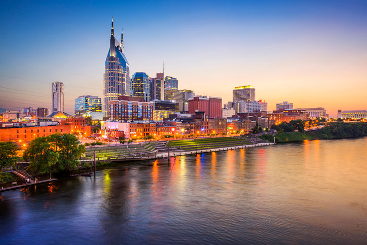 Nashville, Tennessee, USA downtown skyline on the Cumberland River.