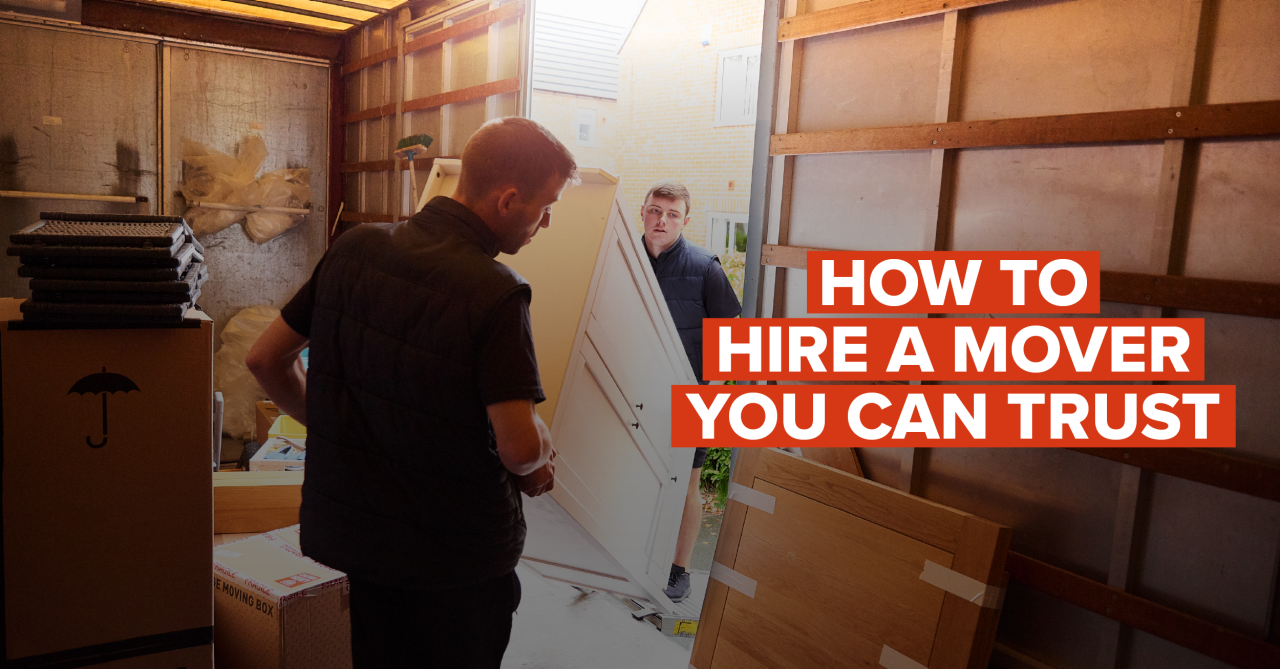 movers moving furniture into moving truck with "how to hire a mover you can trust" in white text on a red background