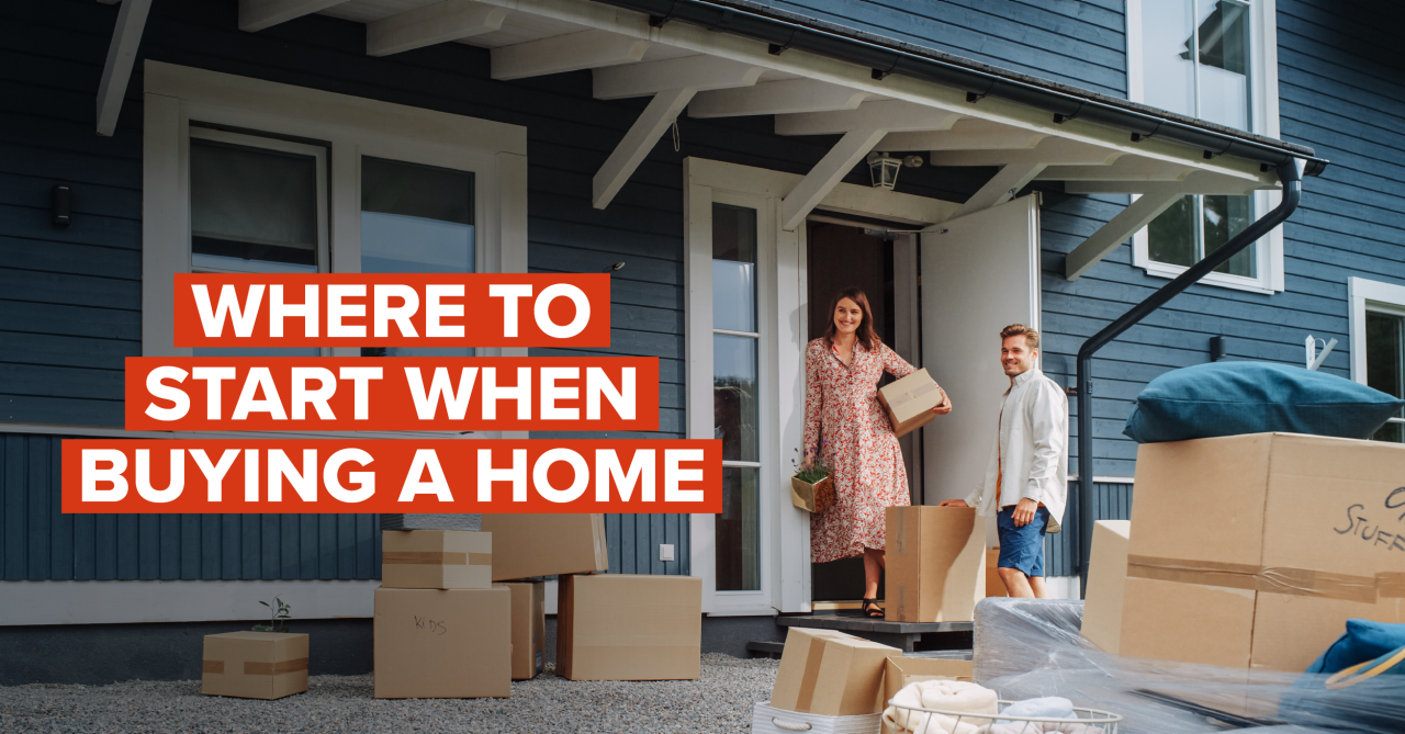 smiling couple moving into new house with "where to start when buying a home" in white text on a red background