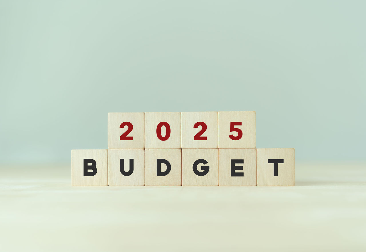 2025 Budget planning and allocation concept. Wooden cube with "BUDGET 2025" on smart grey  background, copy space. Use for banner and presentation. New year business project management concept.