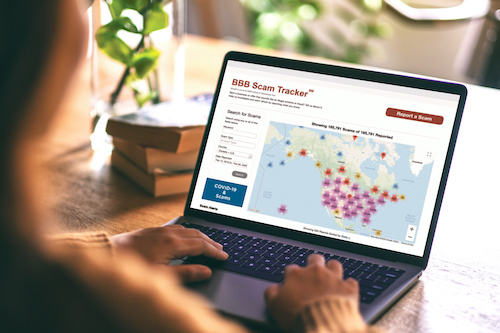 Mockup image of a woman using BBB's Scam Tracker website