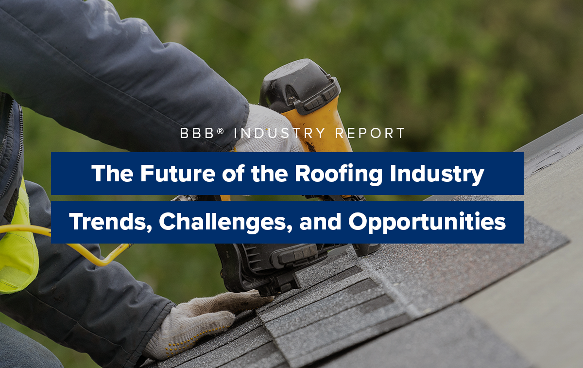 roofing industry report white letters on blue with roof and trees in the background