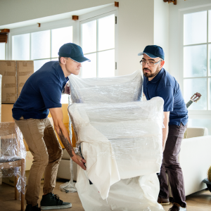 Two men carrying wrapped arm chair