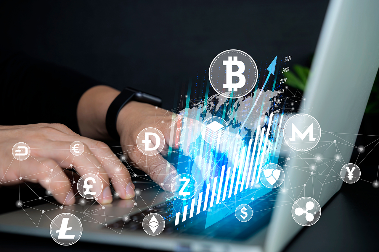 Bitcoin BTC cryptocurrency coin with altcoin digital crypto currency tokens, ETC Ethereum, ADA Cardano, LTC Litecoin, IOTA Miota, ZEC Zcash for defi decentralized financial banking p2p global market