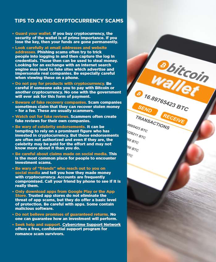 Tips to avoid cryptocurrency scams. Picture with phone with Bitcoin on it.
