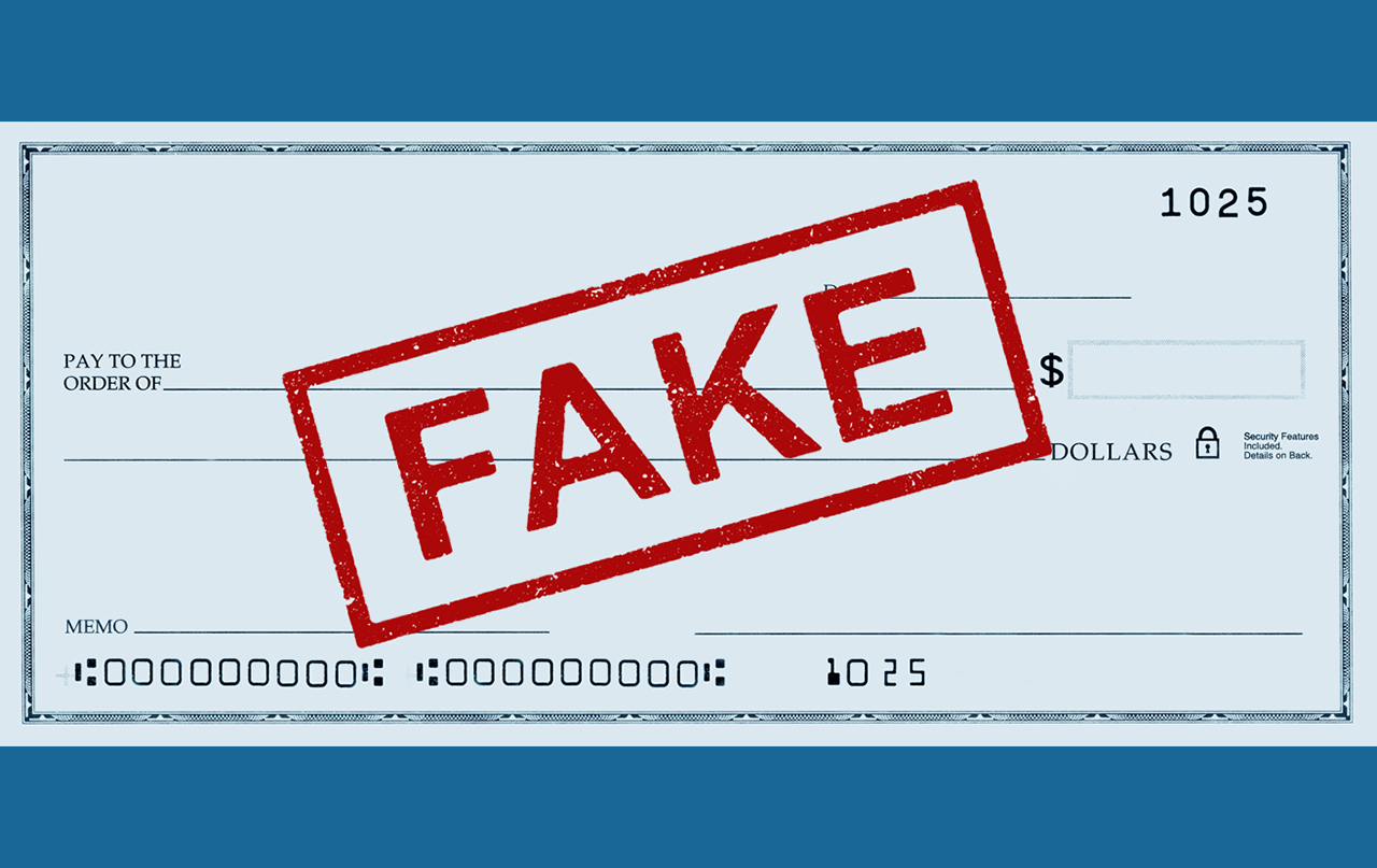 Fake check on blue background