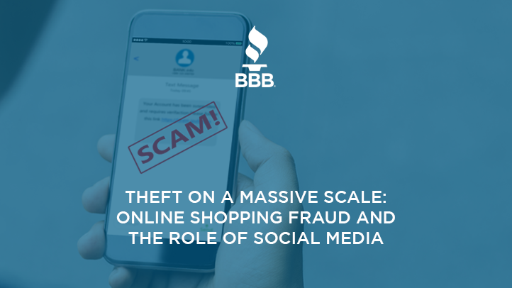 Online Shopping Fraud Study Cover Theft on a massive scale online shopping fraud and the role of social media white letters over blue background with overlay of phone screen 
