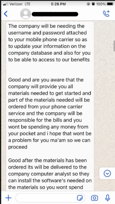 Text message from job scammer 2