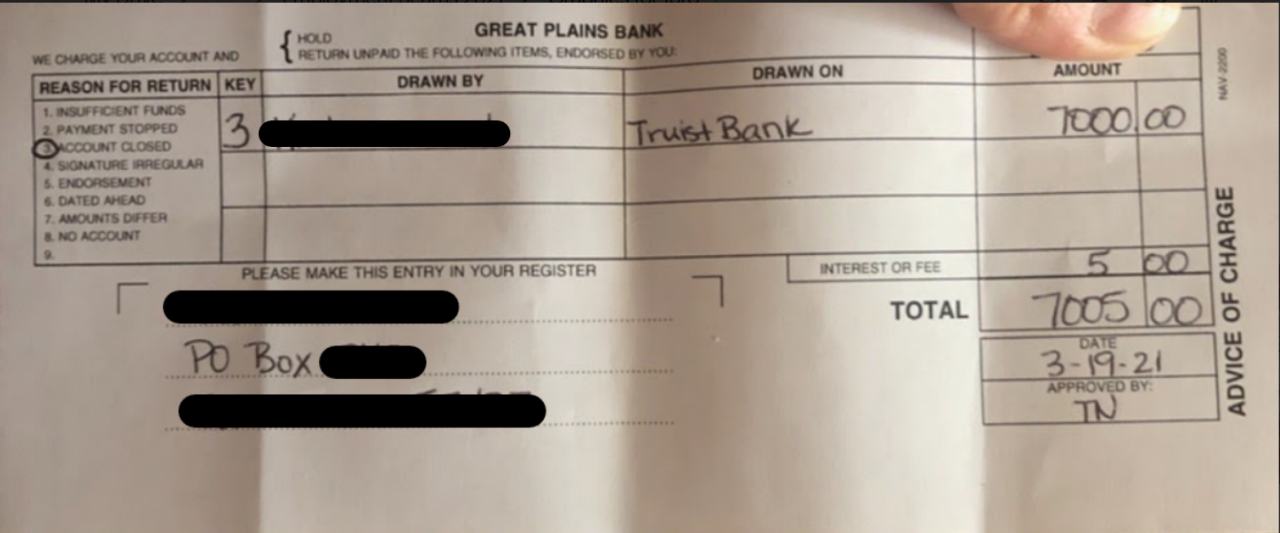 Return check notice from financial institution