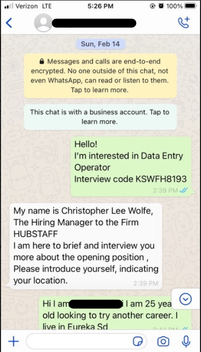 Text message from job scammer