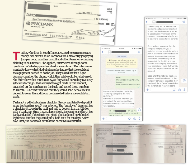 Fake checks, text messages, gift card, and invoice