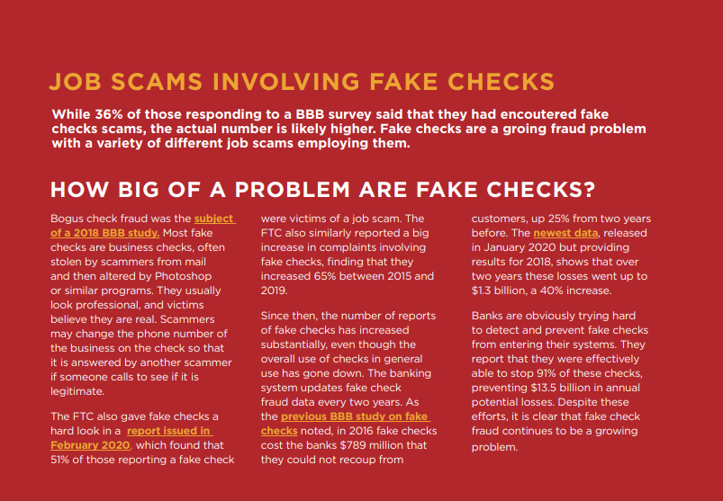 Job Scams Involving fake checks
