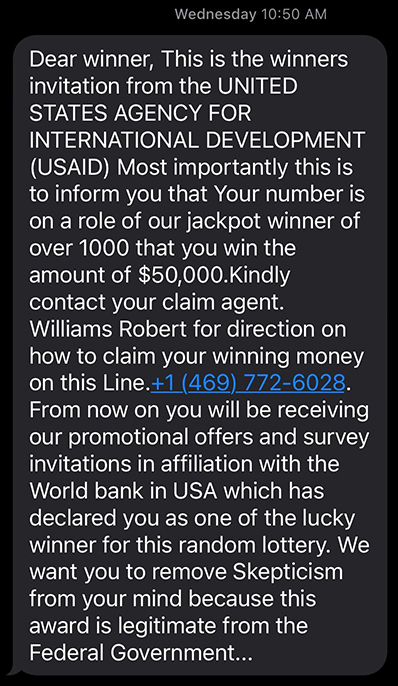 Text message from Sweepstakes, Lottery, and Prize Scams Study 1