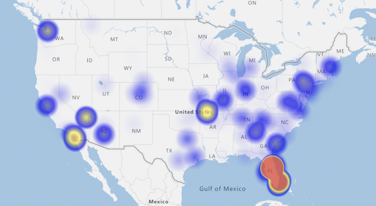 BBB Scam Tracker heat map showing consumer complaints to BBB about timeshare sales, vacation club and timeshare exit companies, 2020-2022