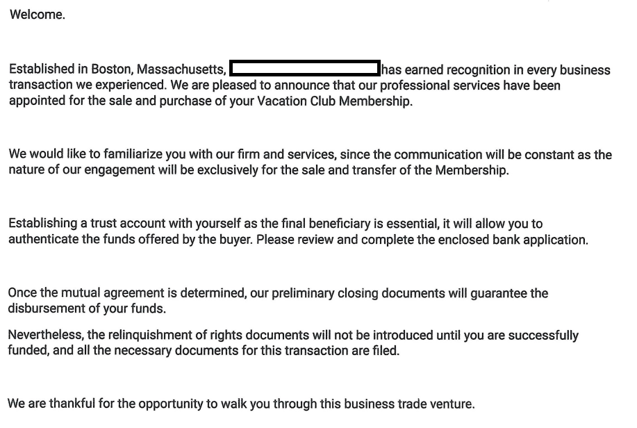 Once a fraudster has stolen money, they will continue to come back for more. This letter, another fake, was sent more than a year after a scammer convinced a consumer to hand over cash as part of a fraudulent timeshare sale.