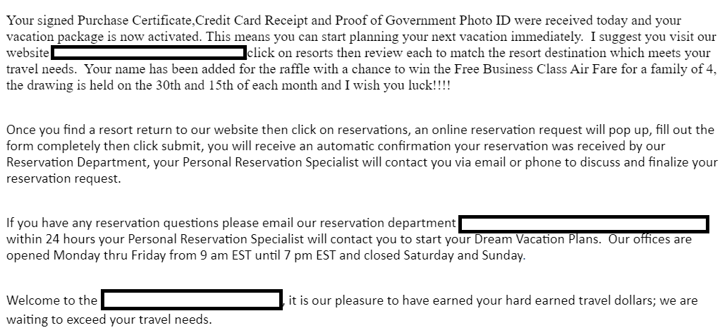 A fraudulent receipt used by scammers as part of a vacation package scam.