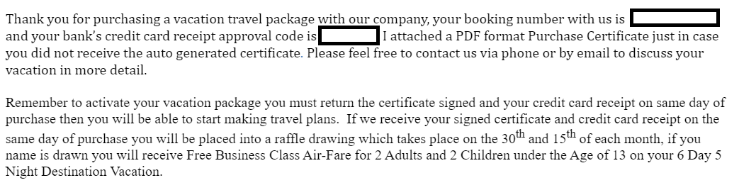 A fraudulent confirmation notice used by scammers as part of a vacation package scam.