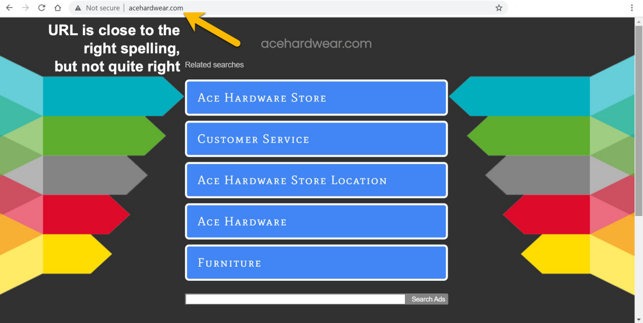 Website that uses a misspelling of the Ace Hardware domain name