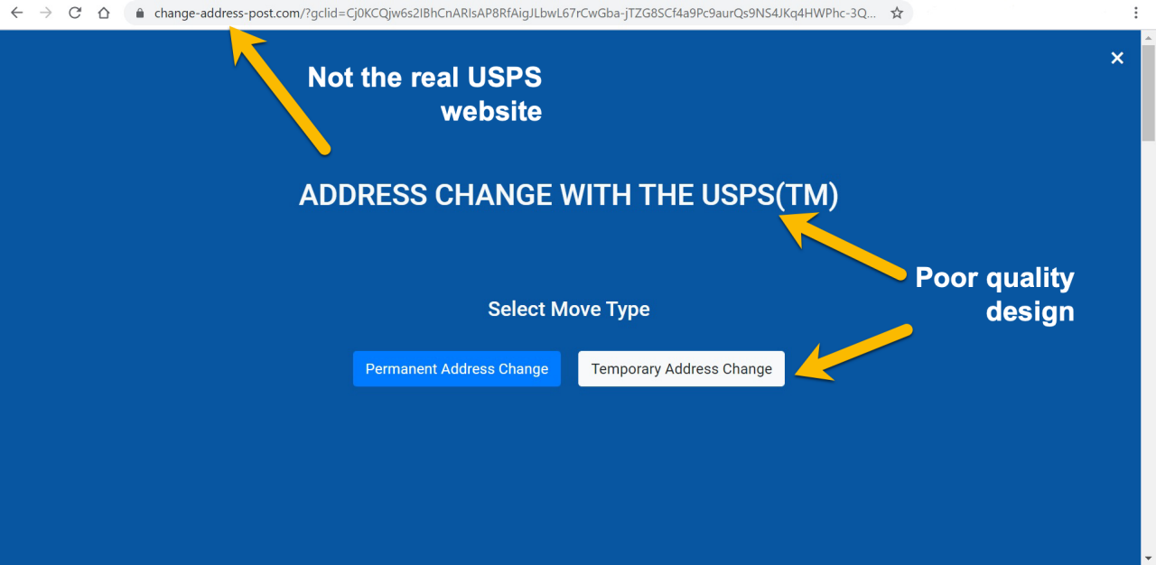 Fake website that claims to be the USPS change of address site