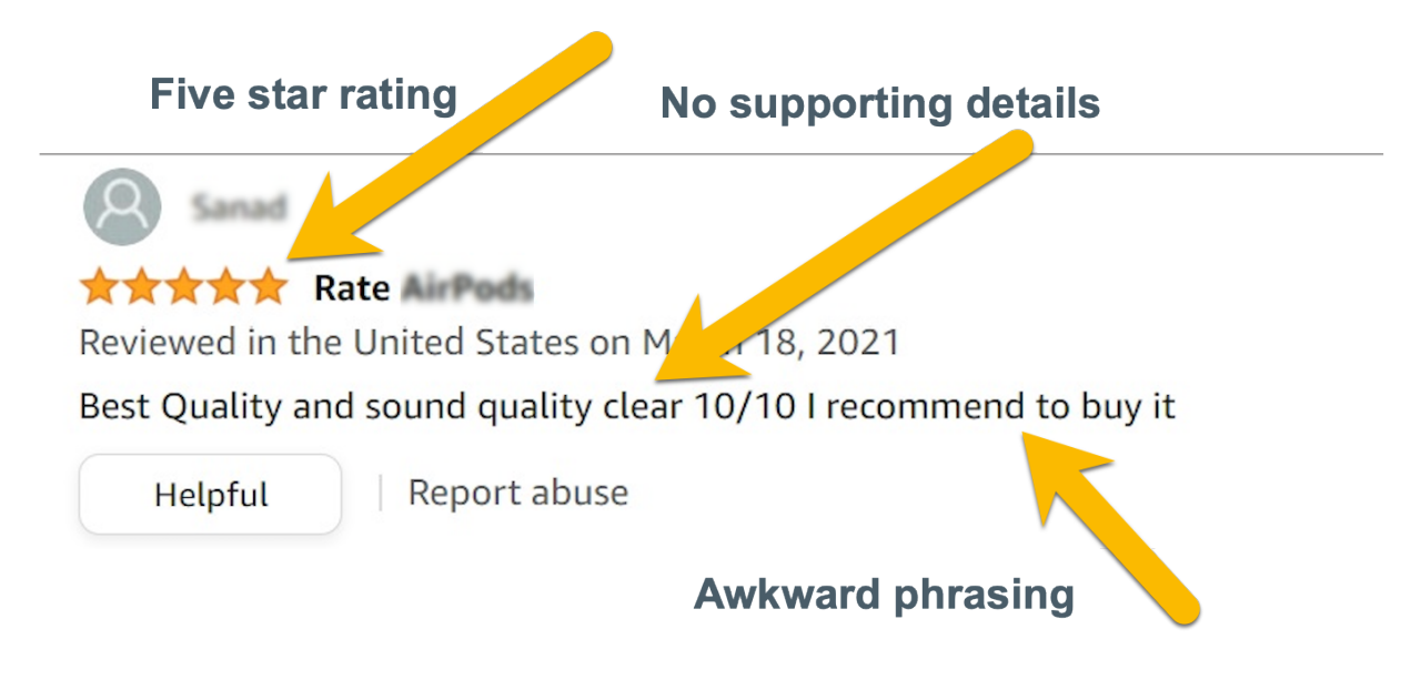 Example of a scam review with a five star rating and no details.