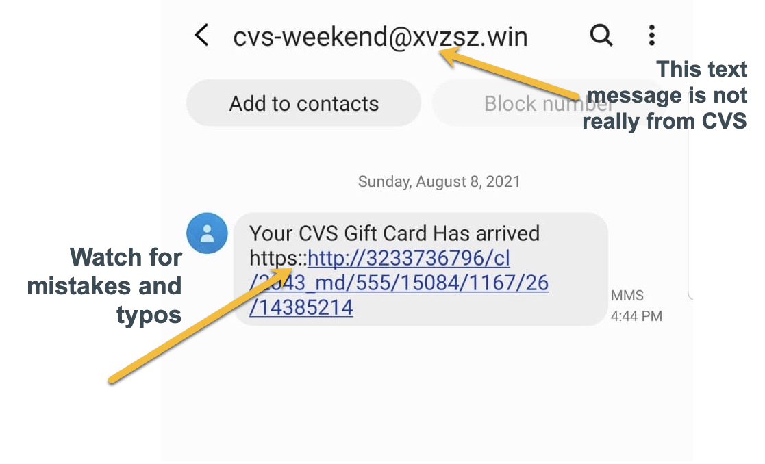 fake message posing as a CVS gift card offer