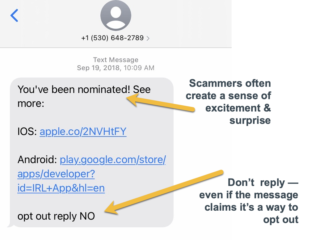 scam text message that claims you have been nominated for a prize