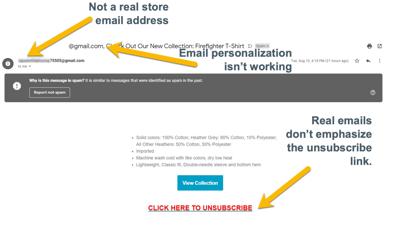 Example of an email scam with a fake unsubscribe link