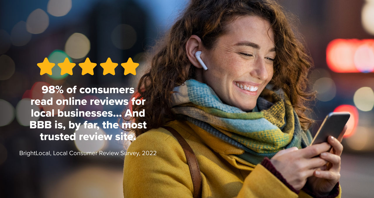 Customer review stat 98% of consumers think that BBB reviews are the most trusted with image of woman looking at her phone and 5 yellow stars