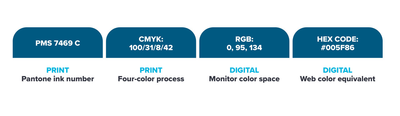 AB Seal Color Guide print and digital PMS 7469 C pantone CMYK 100/31/8/42, RGB 0,95,34, Hex code #005F86