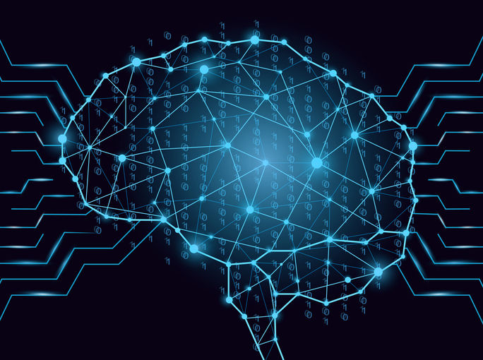 Binary code in digital brain form composed of lines, triangles, binary digits and dots. High tech style artifical intelligence concept vector illustration