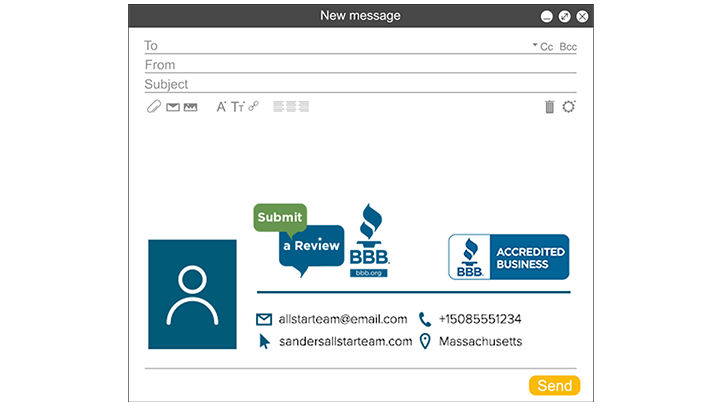 Customer review email signature with BBB Accredited Business seal and Sumbit a Review button