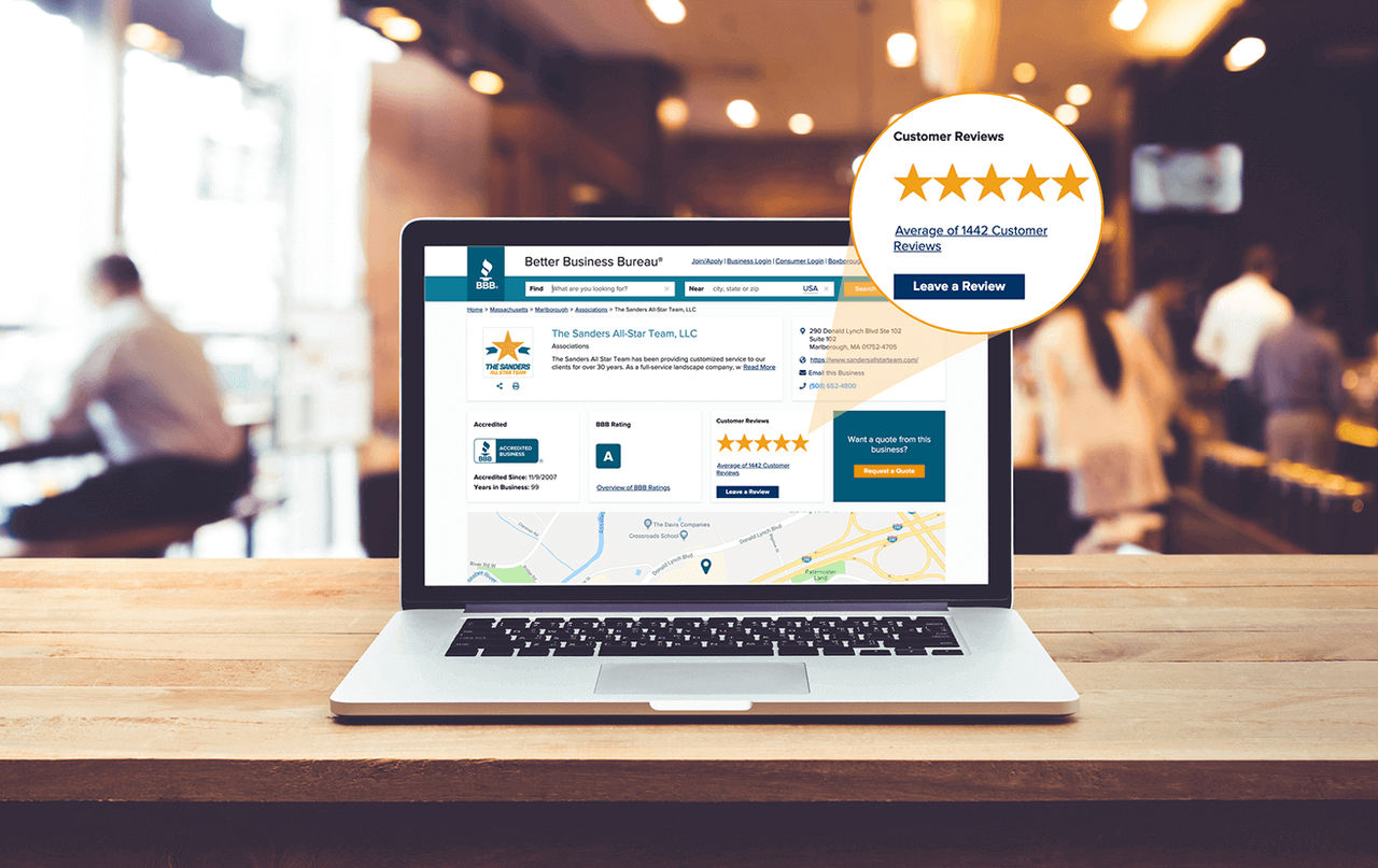 Business Profile Example with 5 star reviews on laptop