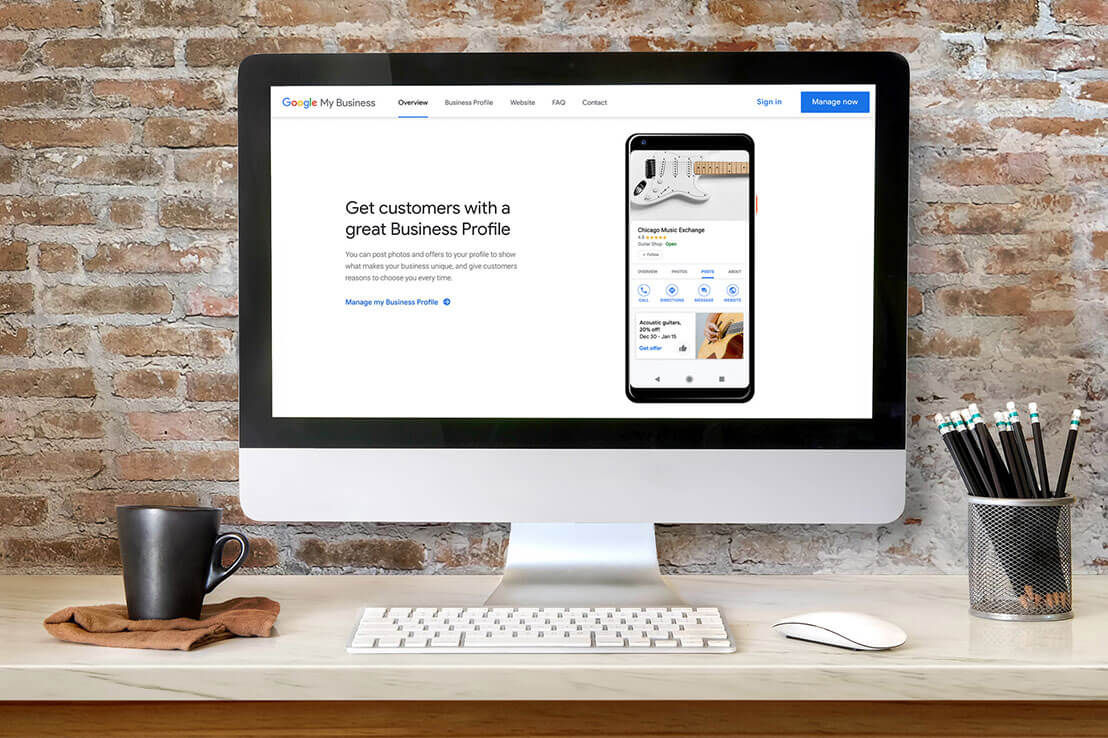 Computer monitor with text 'Get customers with a a great Google Business Profile'