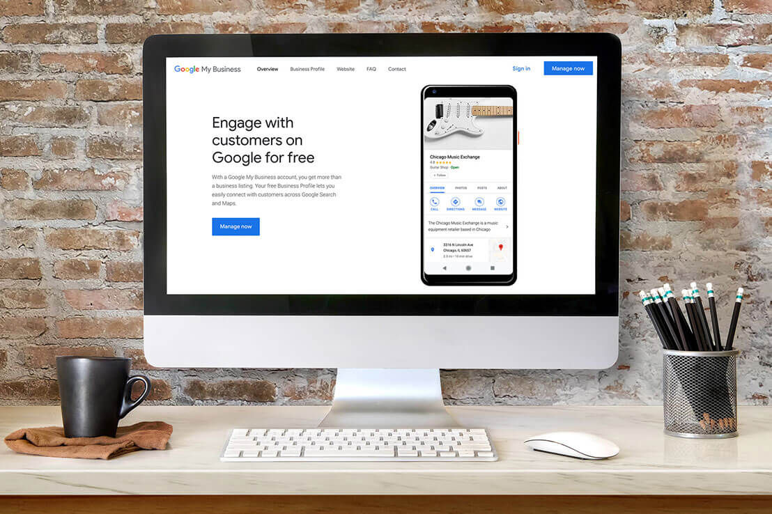 Computer screen with Google My Business 'Engage with customers on Google for free'