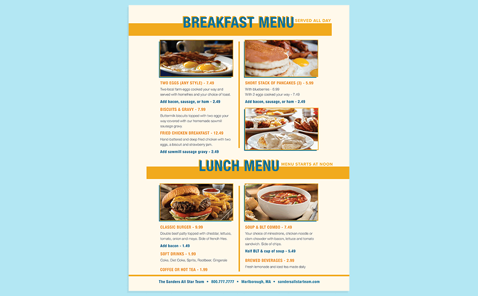 Sanders All Star Team menu graphic design service sample