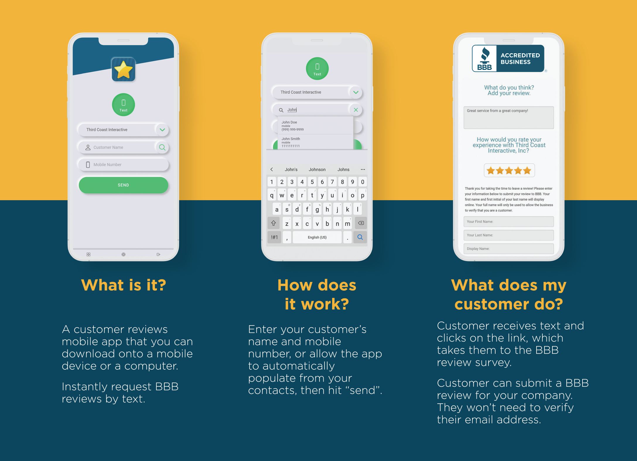 Example of three mobile phones showing the steps of using the Review Solution App