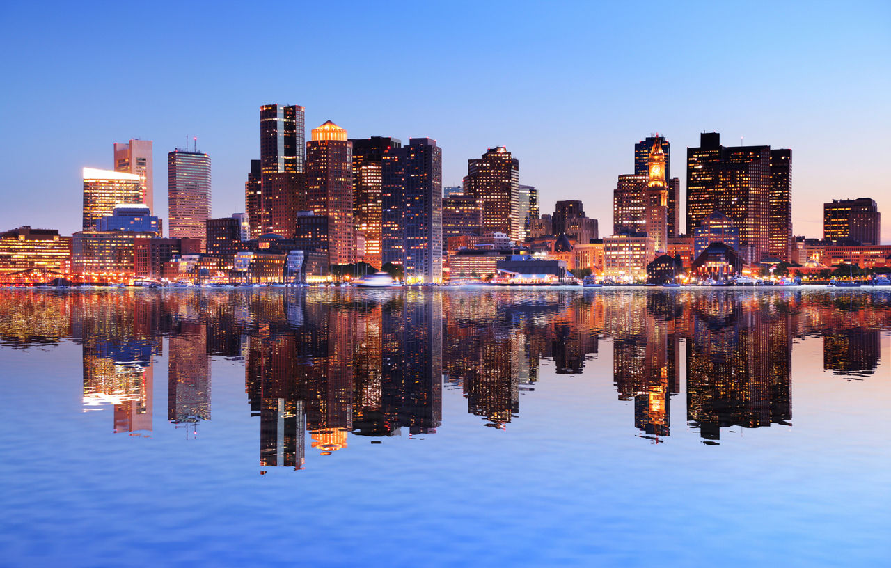 Boston City with Water Reflection at Sunset
