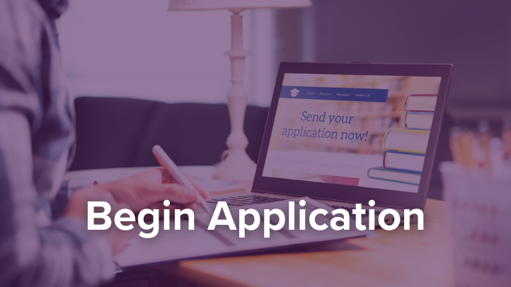 image of person taking notes and applying for scholarship on their laptop with purple overlay and text "Begin Application"