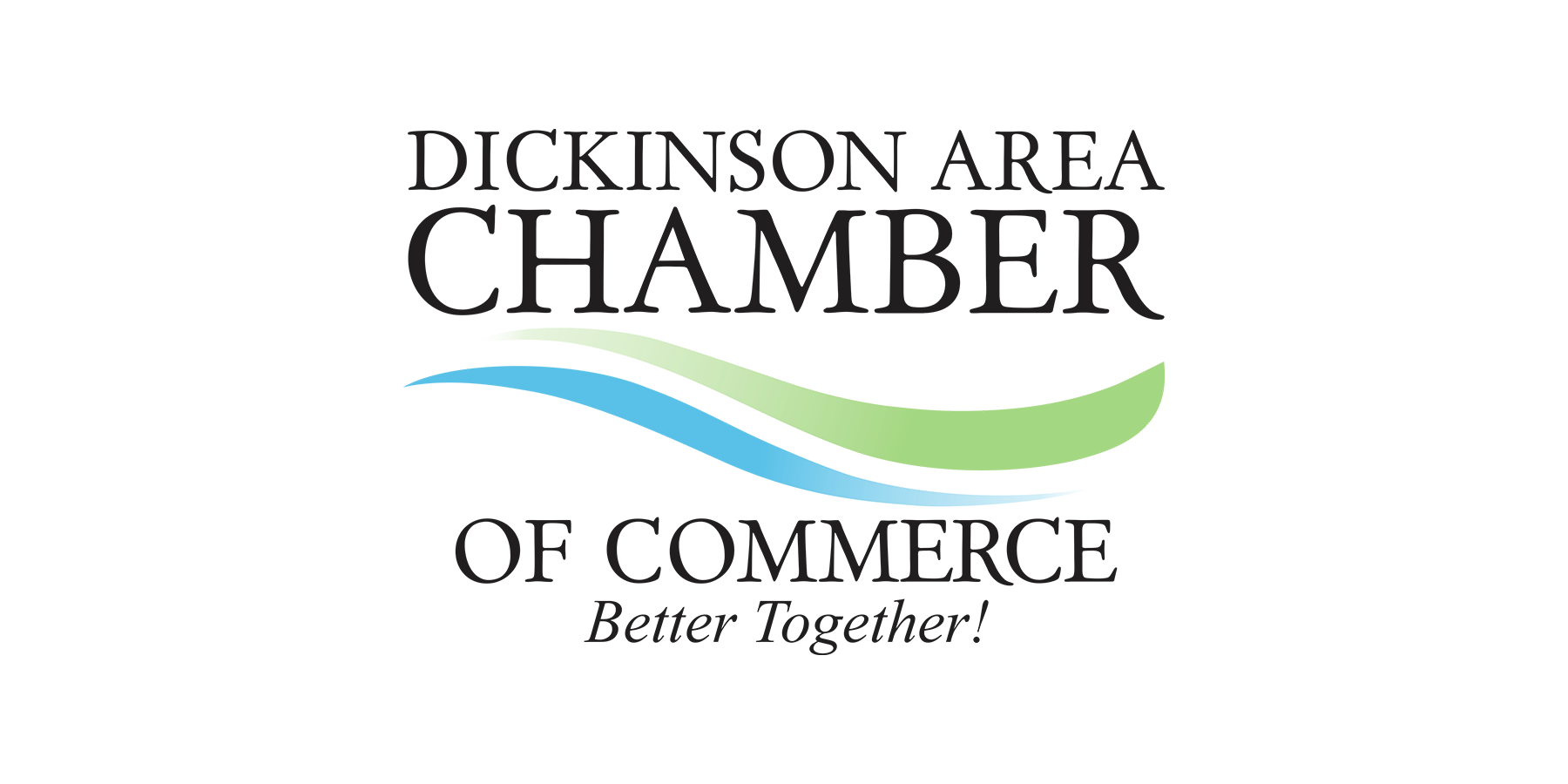 A green and blue swoop in between Dickinson Area Chamber and Of Commerce