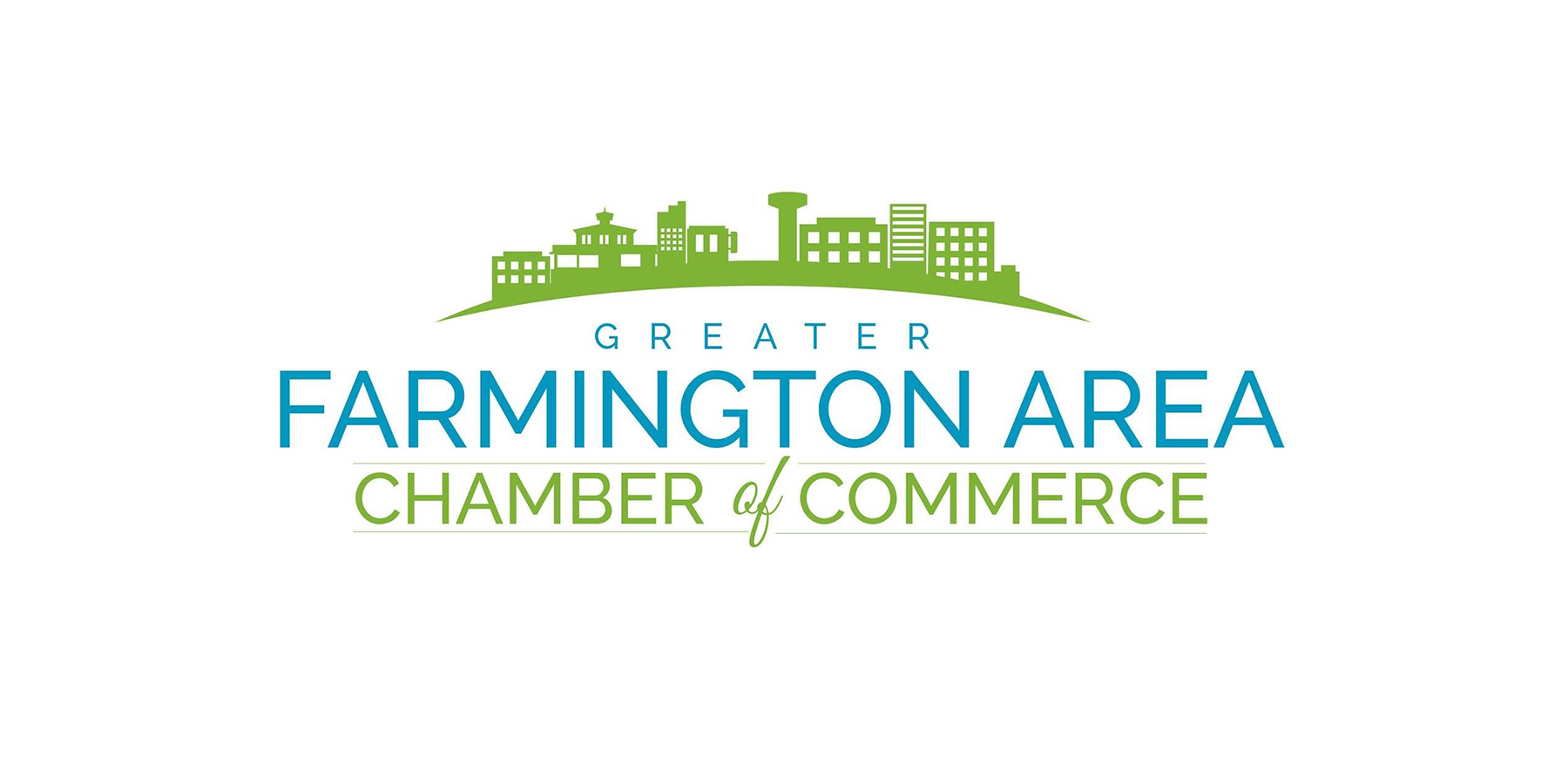 Small green city on a green hill above the words Farmington Area Chamber of Commerce
