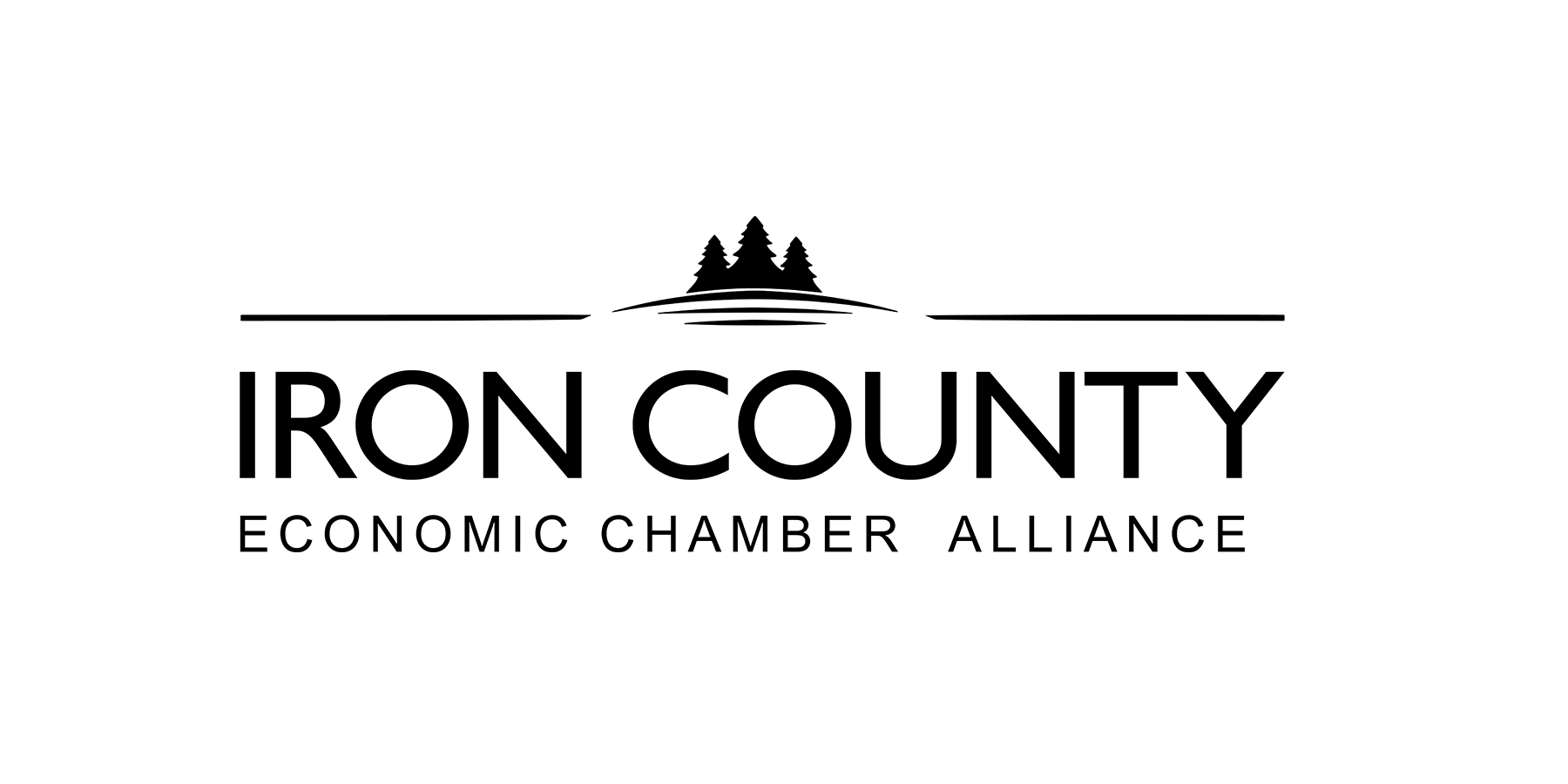 Black pine trees on a hill above the words Iron County Economic Chamber Alliance