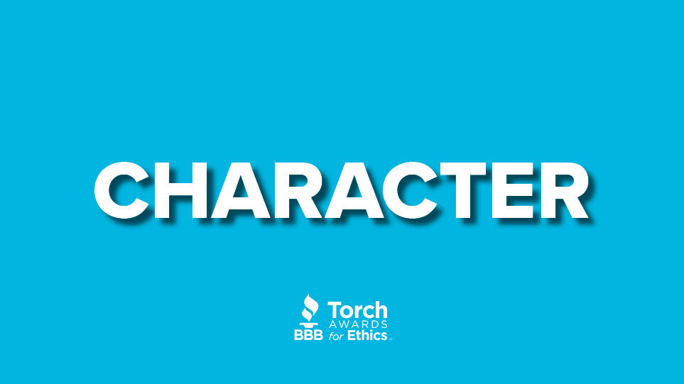 Character on light blue background w/ Torch Awards for Ethics logo