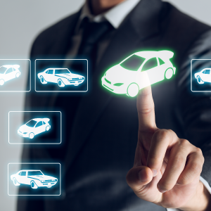 Man selecting virtual car with finger