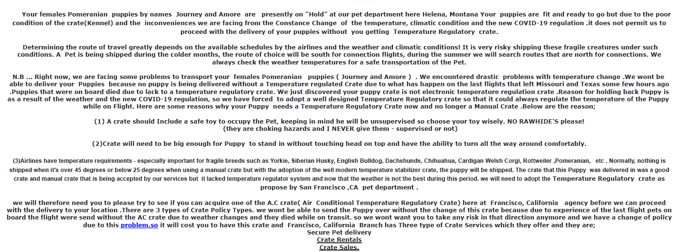 Courier scam text for puppy scam study