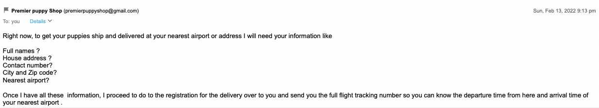 Puppy scam approval text message